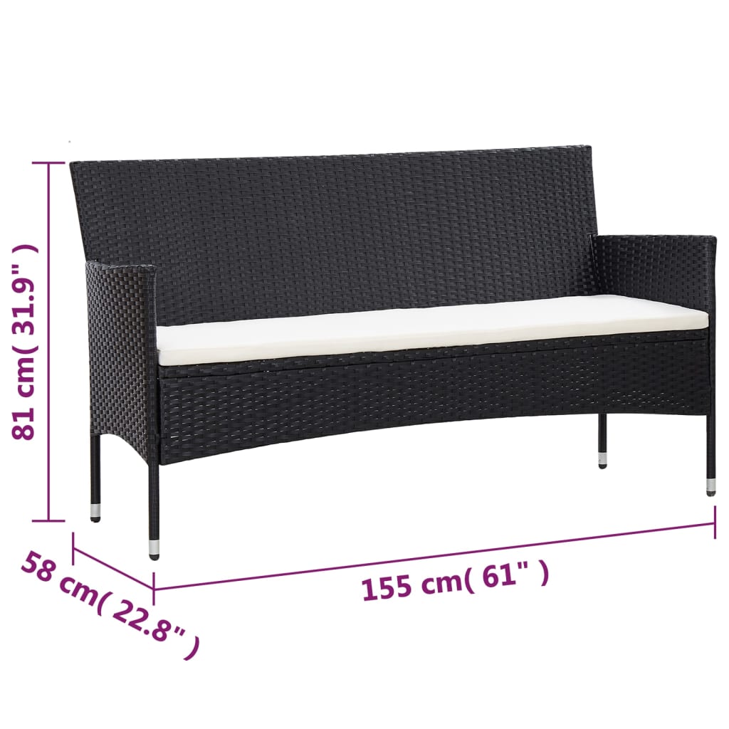 4 pcs conjunto lounge de jardim c/ almofadões vime PE preto