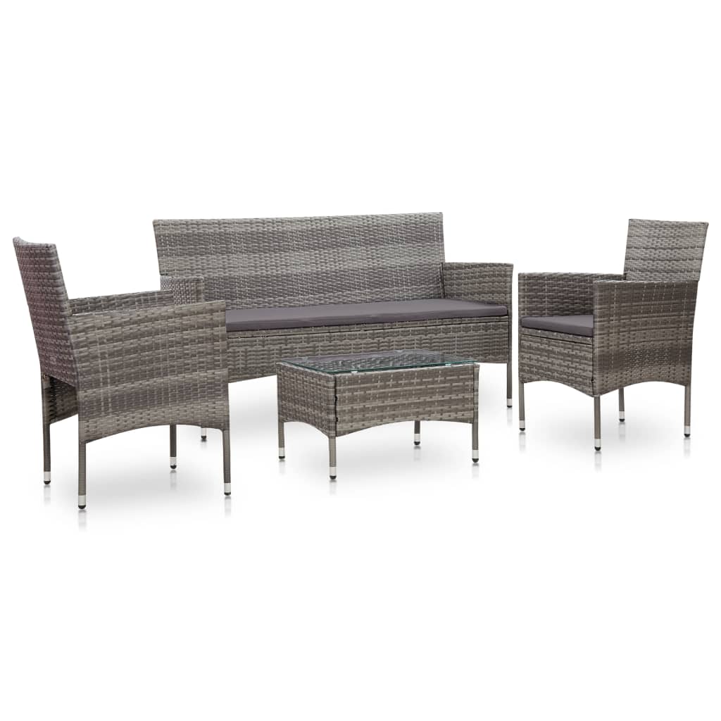 4 pcs conjunto lounge de jardim c/ almofadões vime PE cinzento