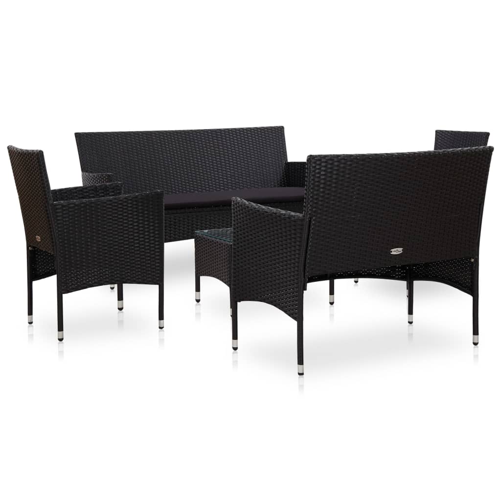 5 pcs conjunto lounge de jardim c/ almofadões vime PE preto
