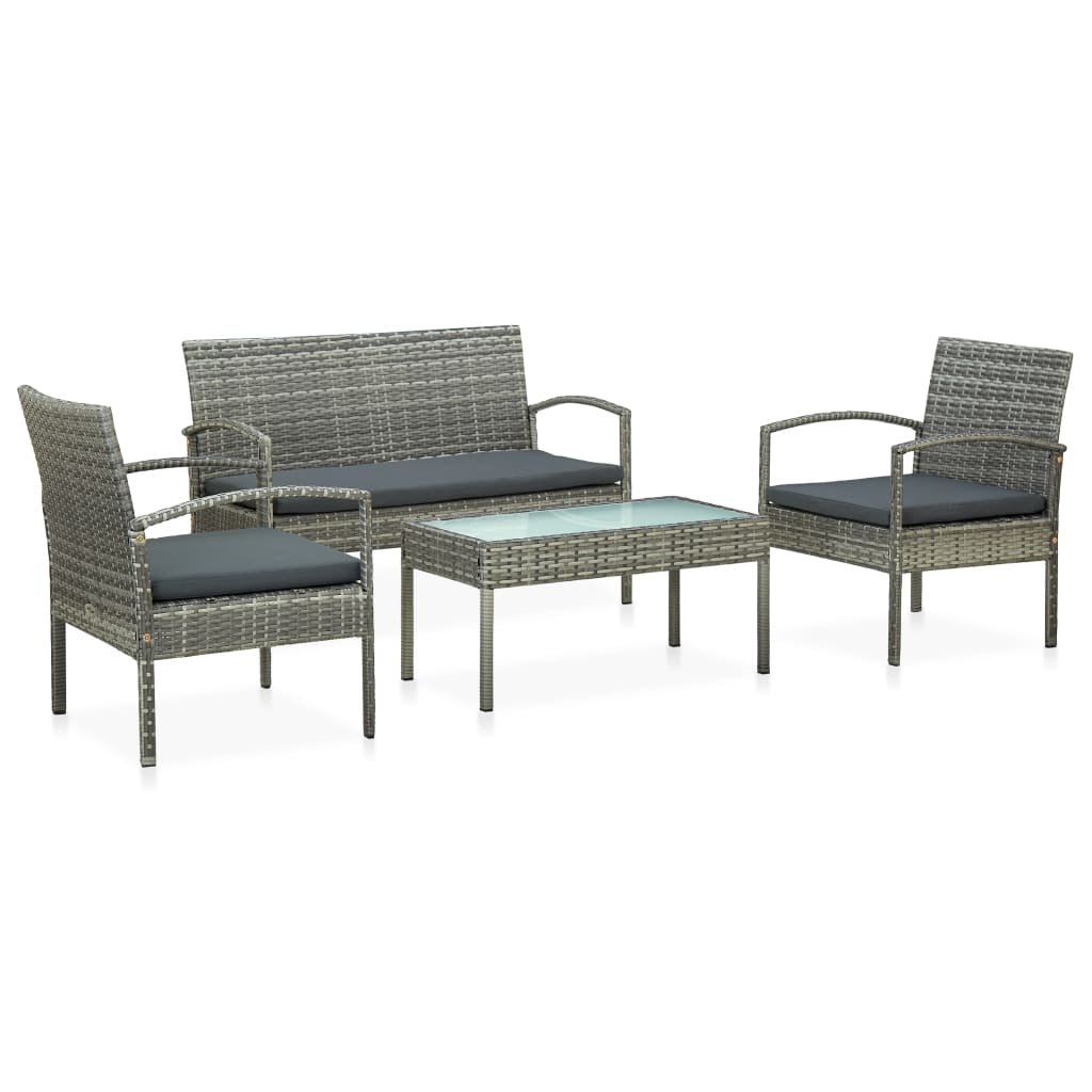 4 pcs conjunto lounge de jardim c/ almofadões vime PE cinzento