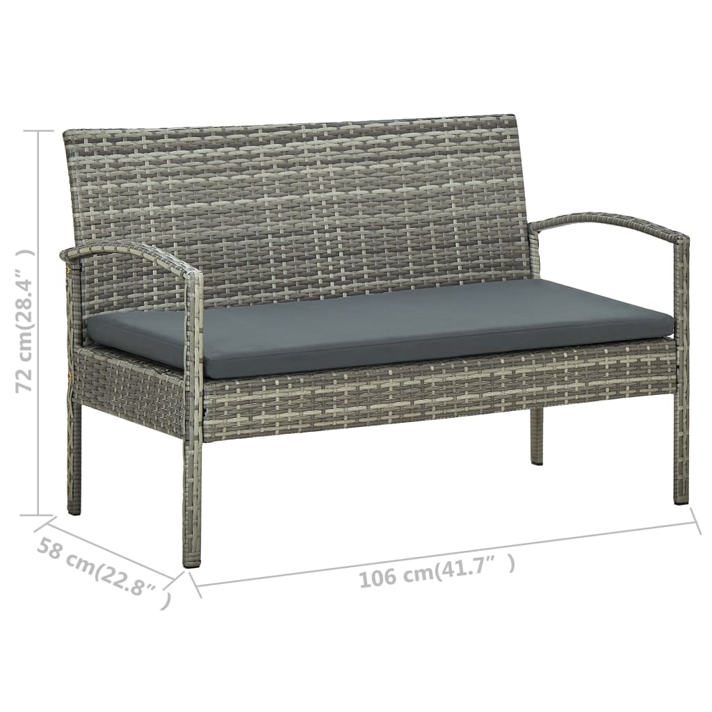 4 pcs conjunto lounge de jardim c/ almofadões vime PE cinzento