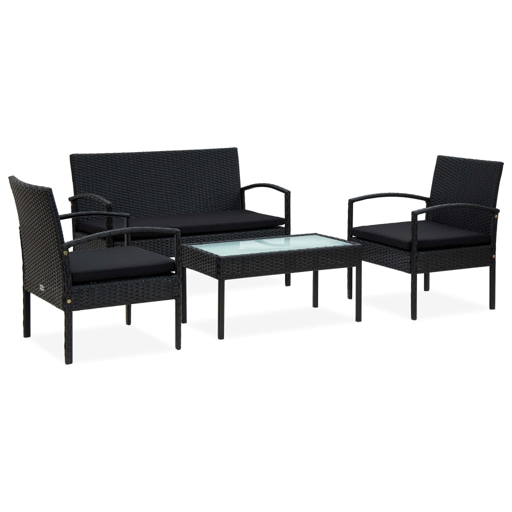 4 pcs conjunto lounge de jardim c/ almofadões vime PE preto