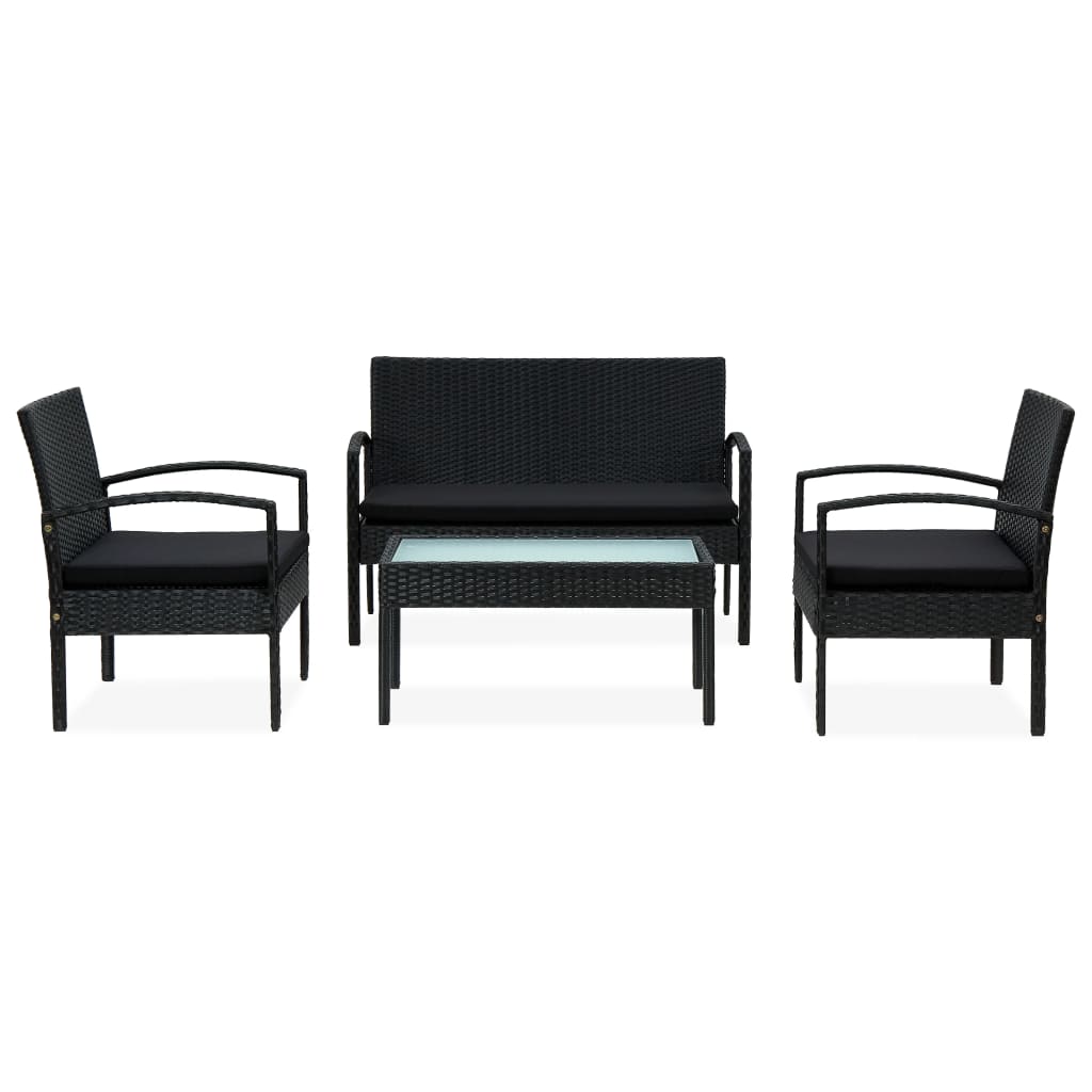 4 pcs conjunto lounge de jardim c/ almofadões vime PE preto