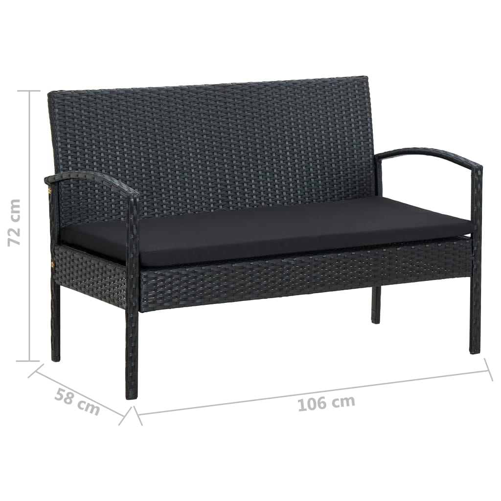 4 pcs conjunto lounge de jardim c/ almofadões vime PE preto