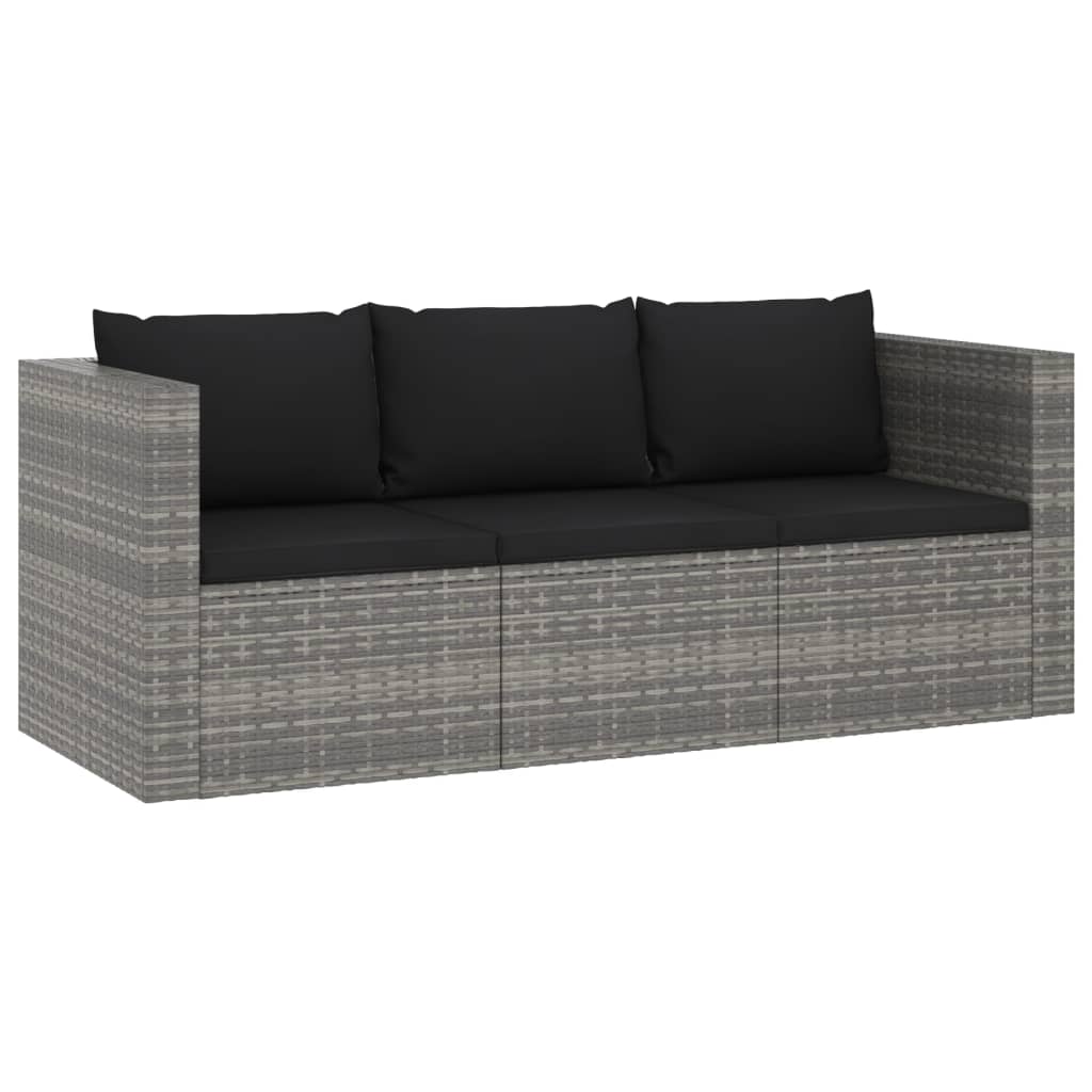 3 pcs conjunto lounge de jardim c/ almofadões vime PE cinzento