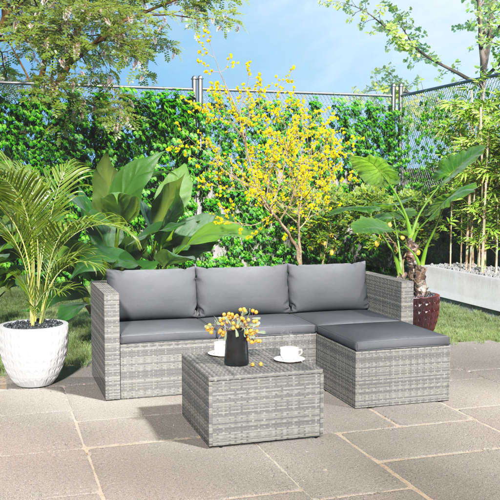 3 pcs conjunto lounge de jardim c/ almofadões vime PE cinzento