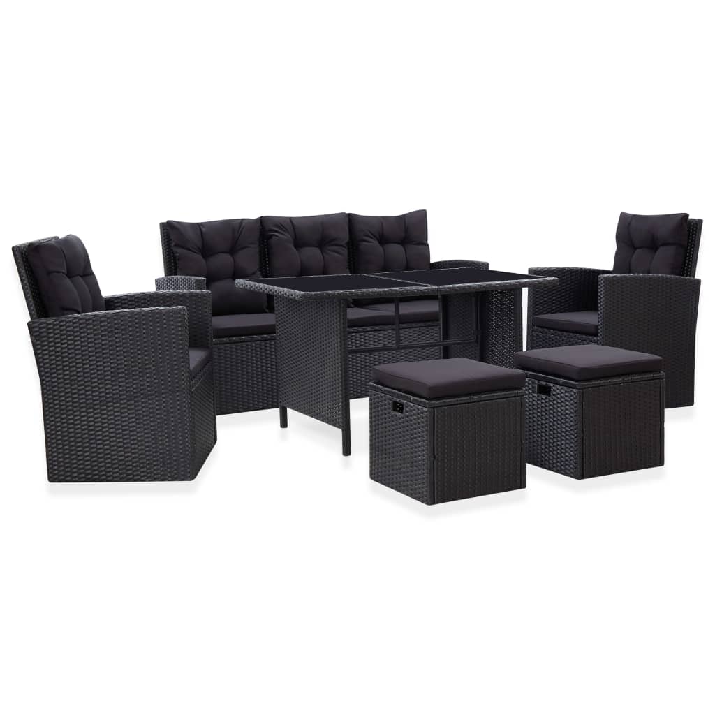 6 pcs conjunto lounge de jardim c/ almofadões vime PE preto