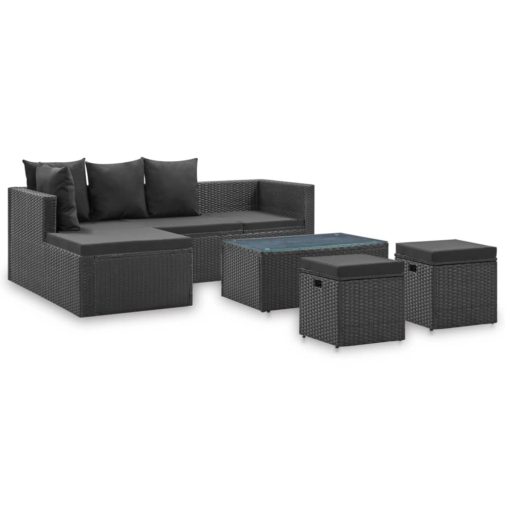 4 pcs conjunto lounge de jardim c/ almofadões vime PE preto