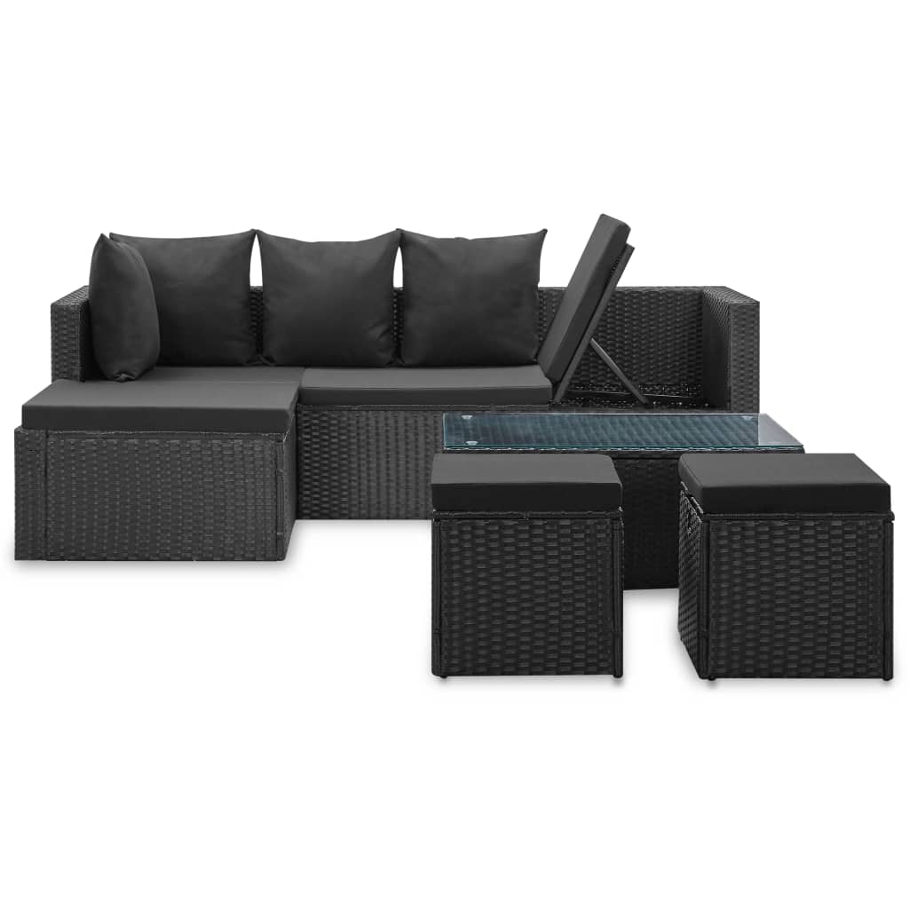 4 pcs conjunto lounge de jardim c/ almofadões vime PE preto