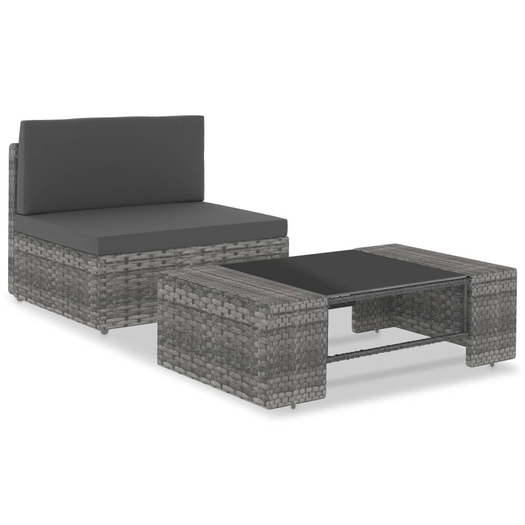 2 pcs conjunto lounge de jardim vime PE cinzento