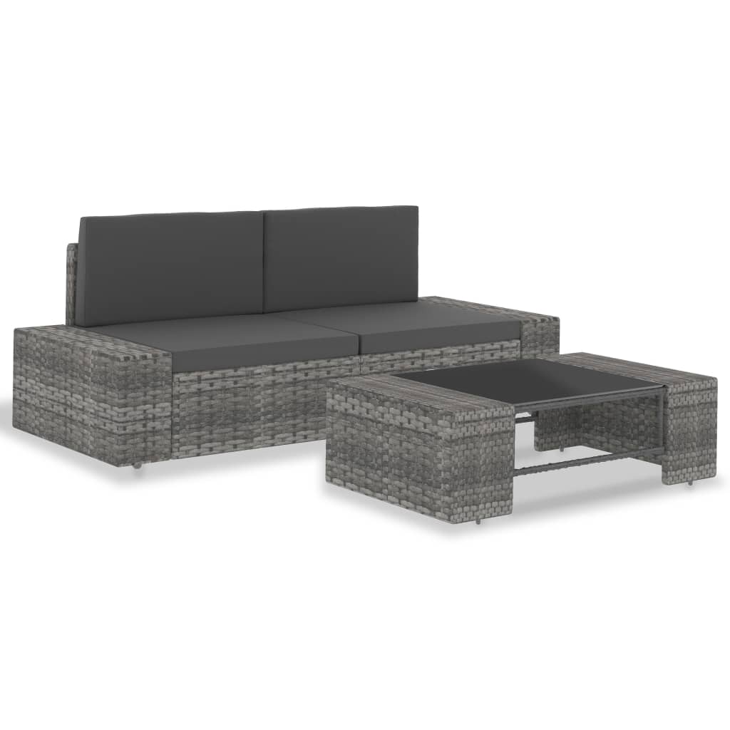 3 pcs conjunto lounge de jardim vime PE cinzento
