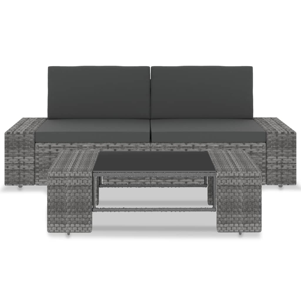 3 pcs conjunto lounge de jardim vime PE cinzento