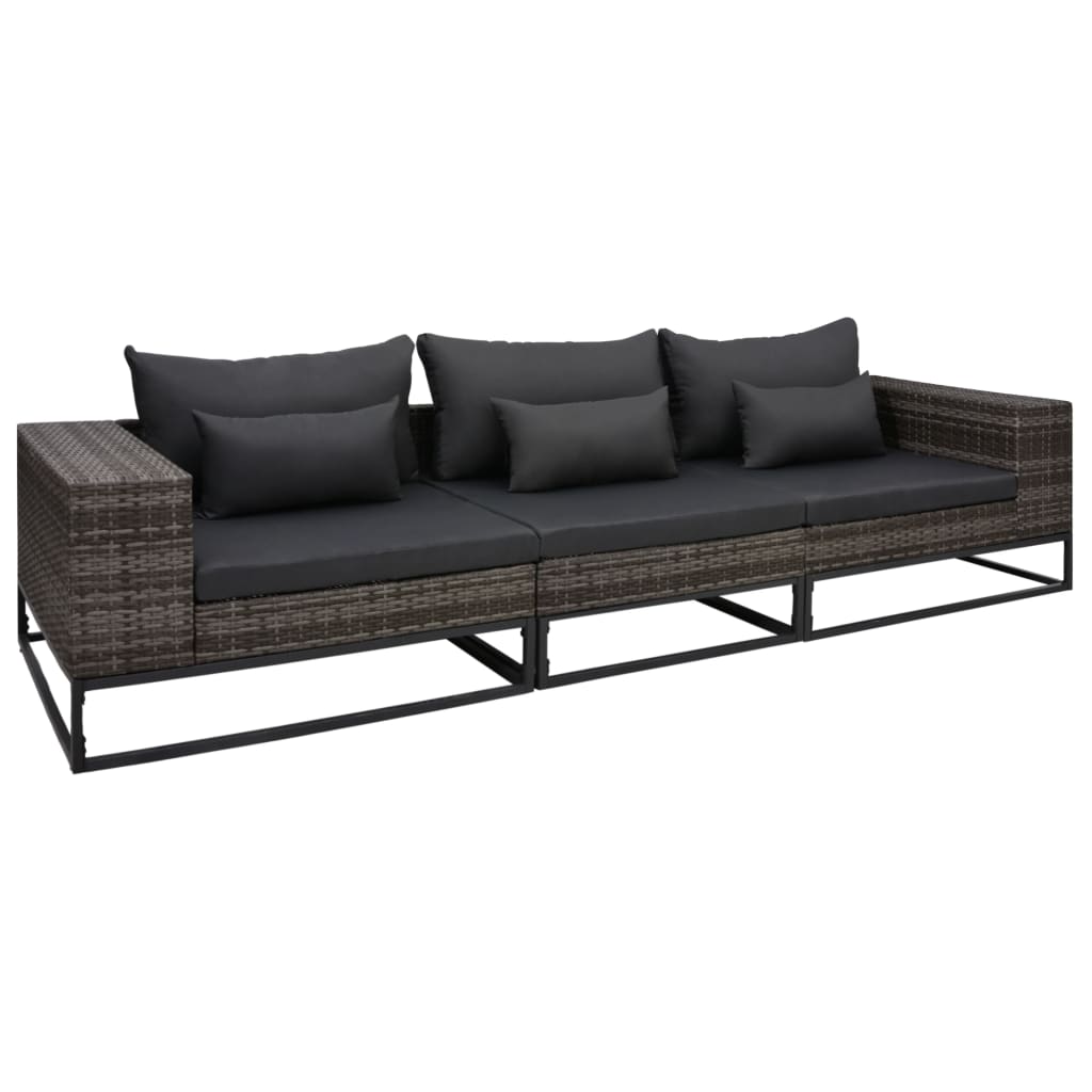 3 pcs conjunto sofás de jardim c/ almofadões vime PE cinzento