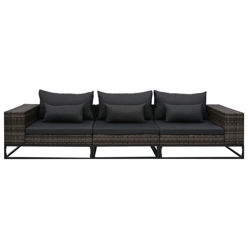 3 pcs conjunto sofás de jardim c/ almofadões vime PE cinzento