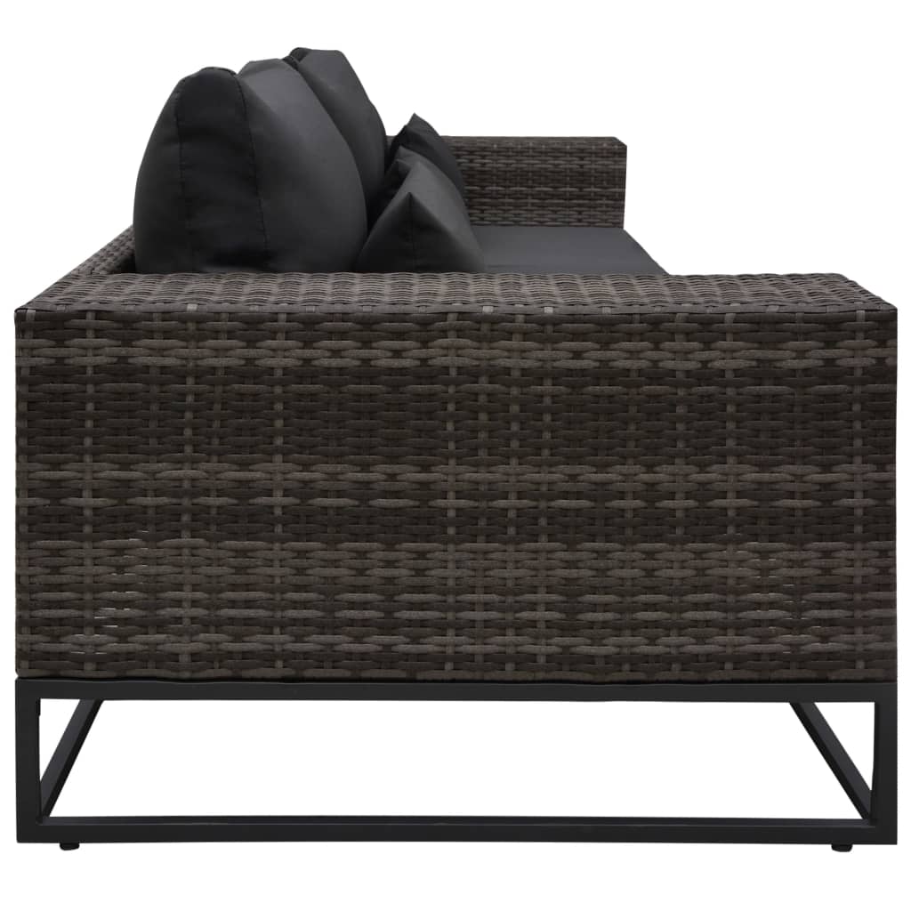 3 pcs conjunto sofás de jardim c/ almofadões vime PE cinzento