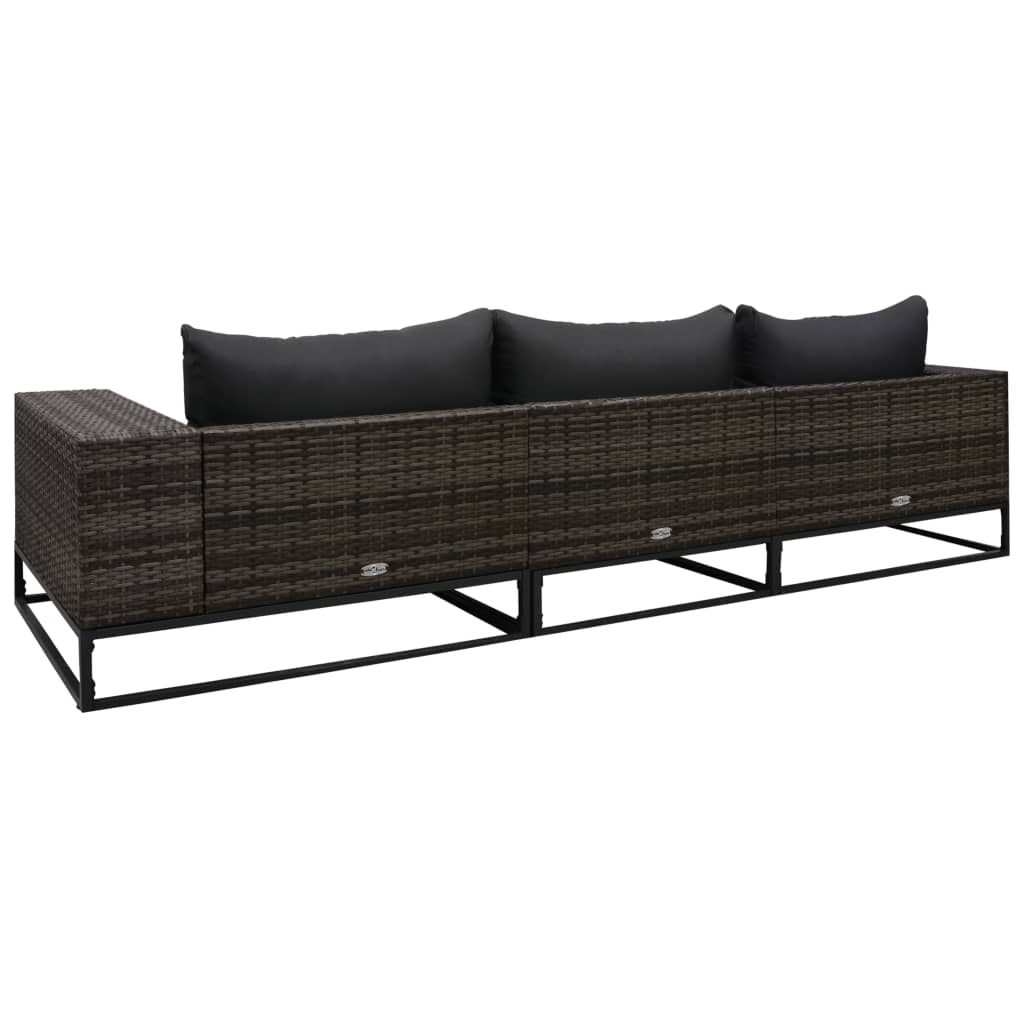 3 pcs conjunto sofás de jardim c/ almofadões vime PE cinzento