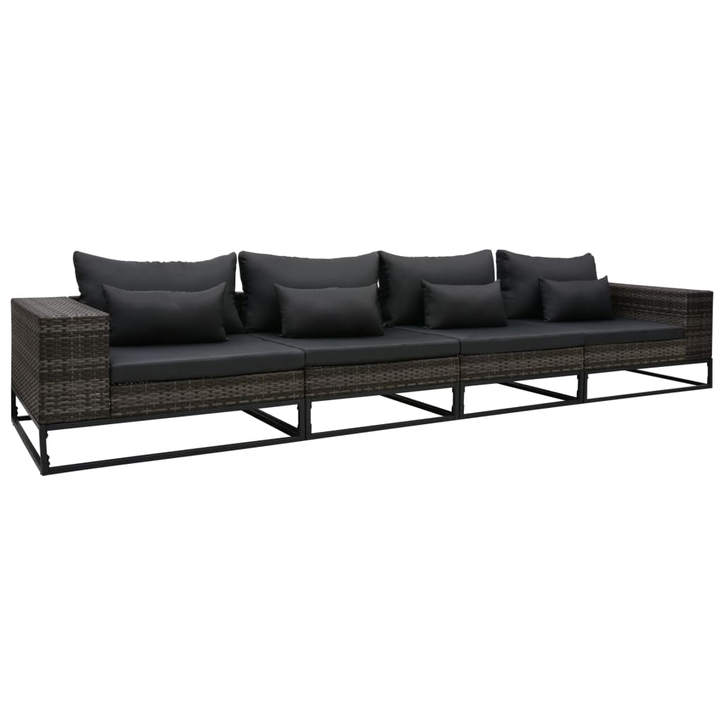 4 pcs conjunto sofás de jardim c/ almofadões vime PE cinzento