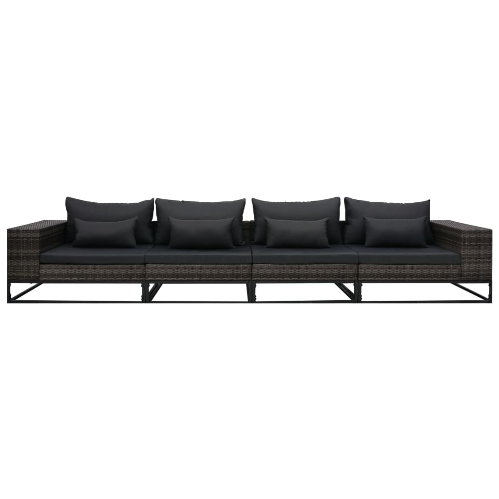 4 pcs conjunto sofás de jardim c/ almofadões vime PE cinzento