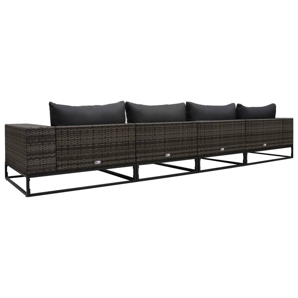 4 pcs conjunto sofás de jardim c/ almofadões vime PE cinzento