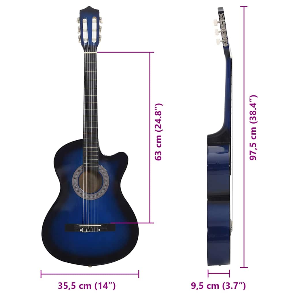 12 pcs conjunto de guitarra clássica com 6 cordas 38" azul