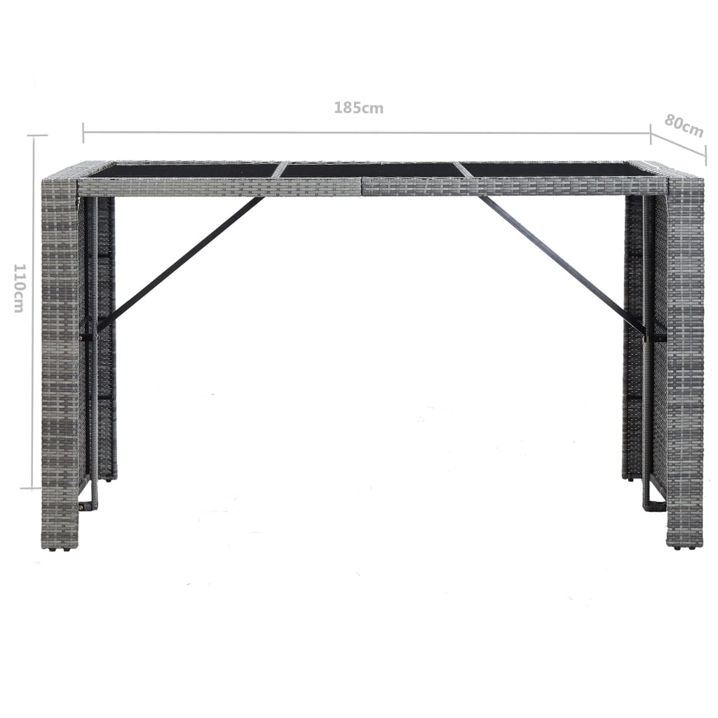 7 pcs conjunto bar para jardim c/ almofadões vime PE cinzento