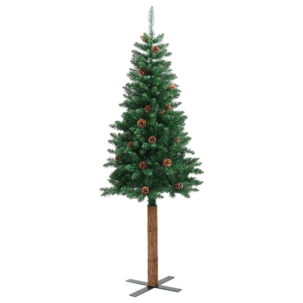 Árvore de Natal fina madeira e pinhas genuínas 210 cm PVC verde