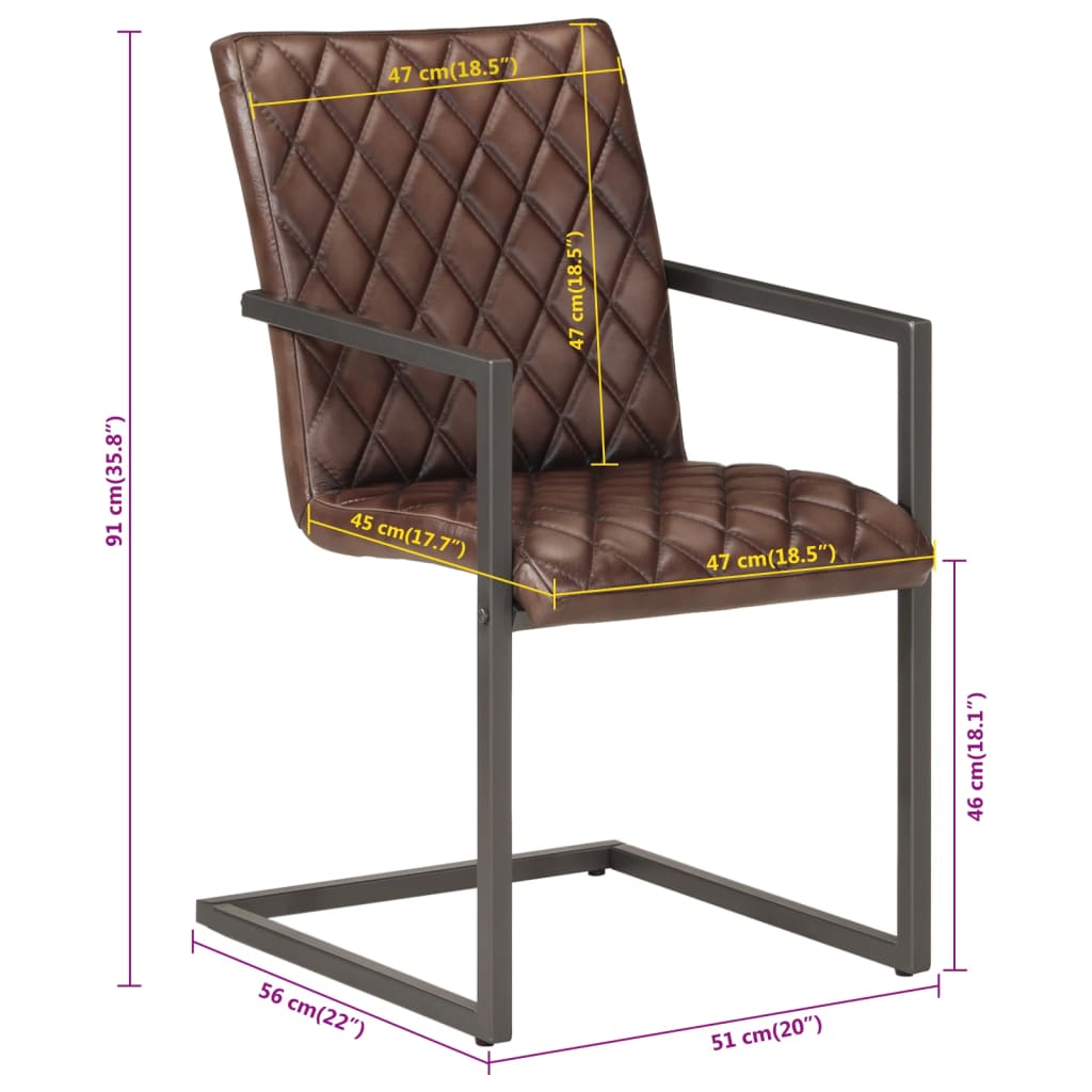Cadeiras de jantar cantilever 2 pcs couro genuíno castanho