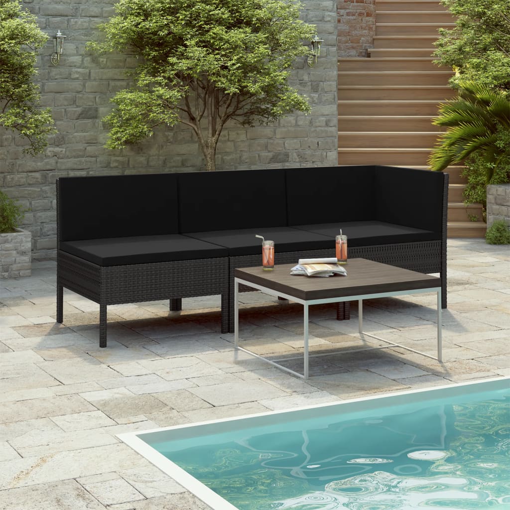 3 pcs conjunto lounge de jardim c/ almofadões vime PE cinzento