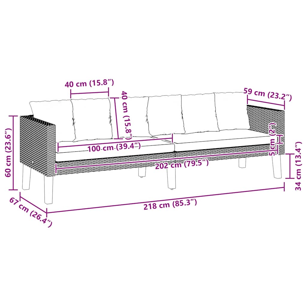 Sofá de jardim 3 lugares com almofadões vime PE bege