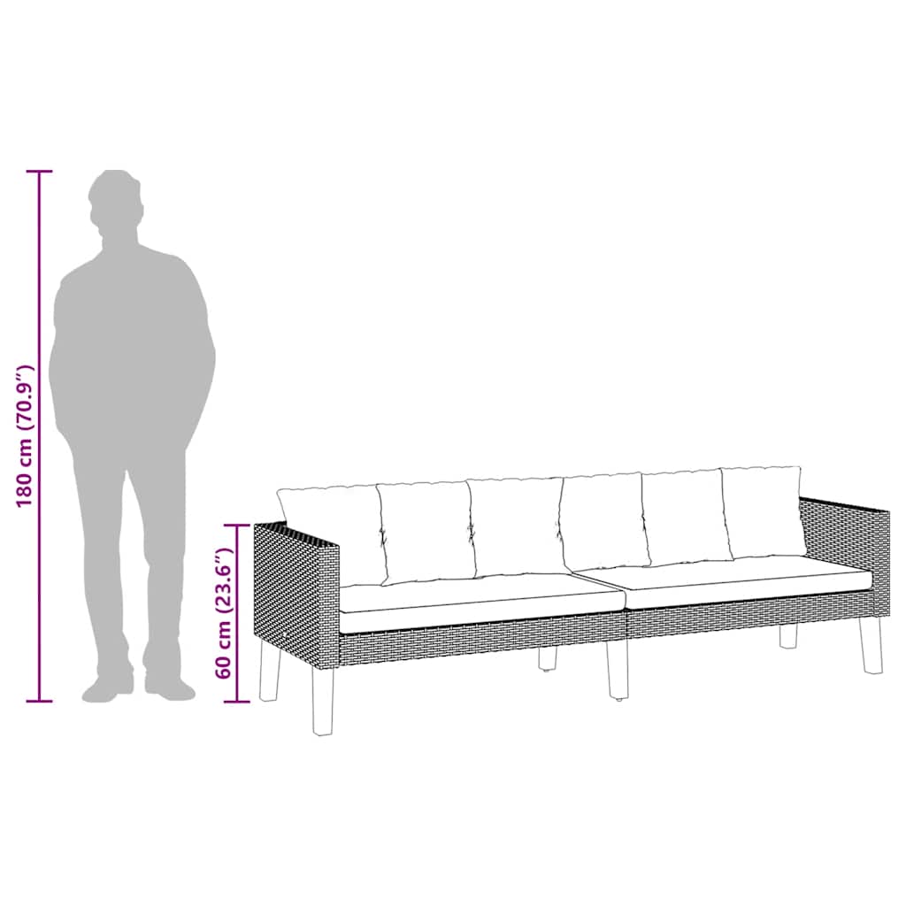 Sofá de jardim 3 lugares com almofadões vime PE bege