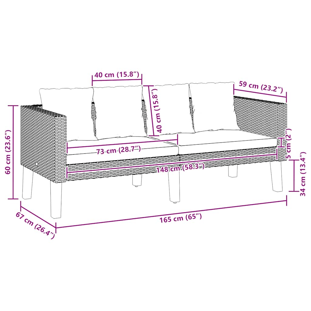 Sofá de jardim 2 lugares com almofadões vime PE bege