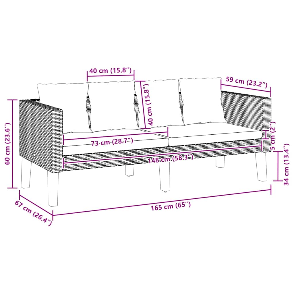 Sofá de jardim 2 lugares com almofadões vime PE bege