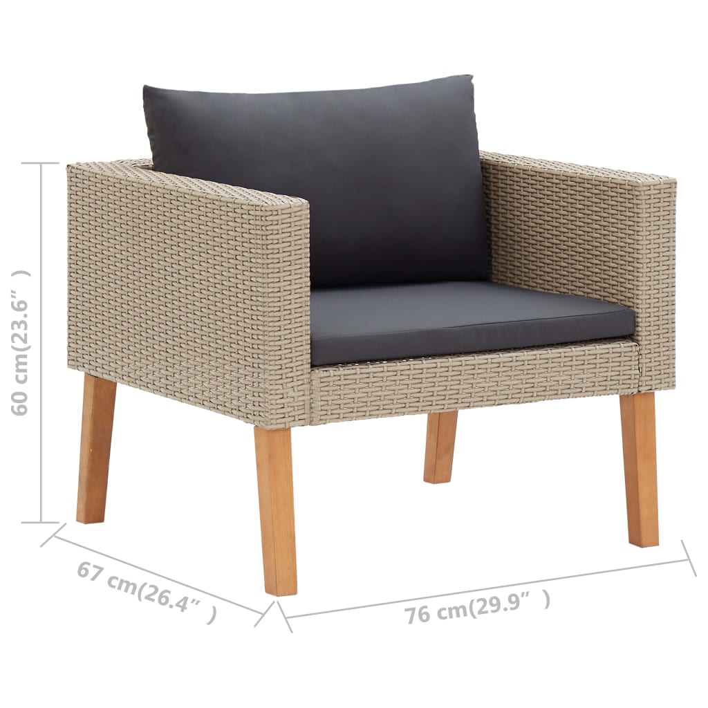 3 pcs conjunto lounge de jardim c/ almofadões vime PE bege