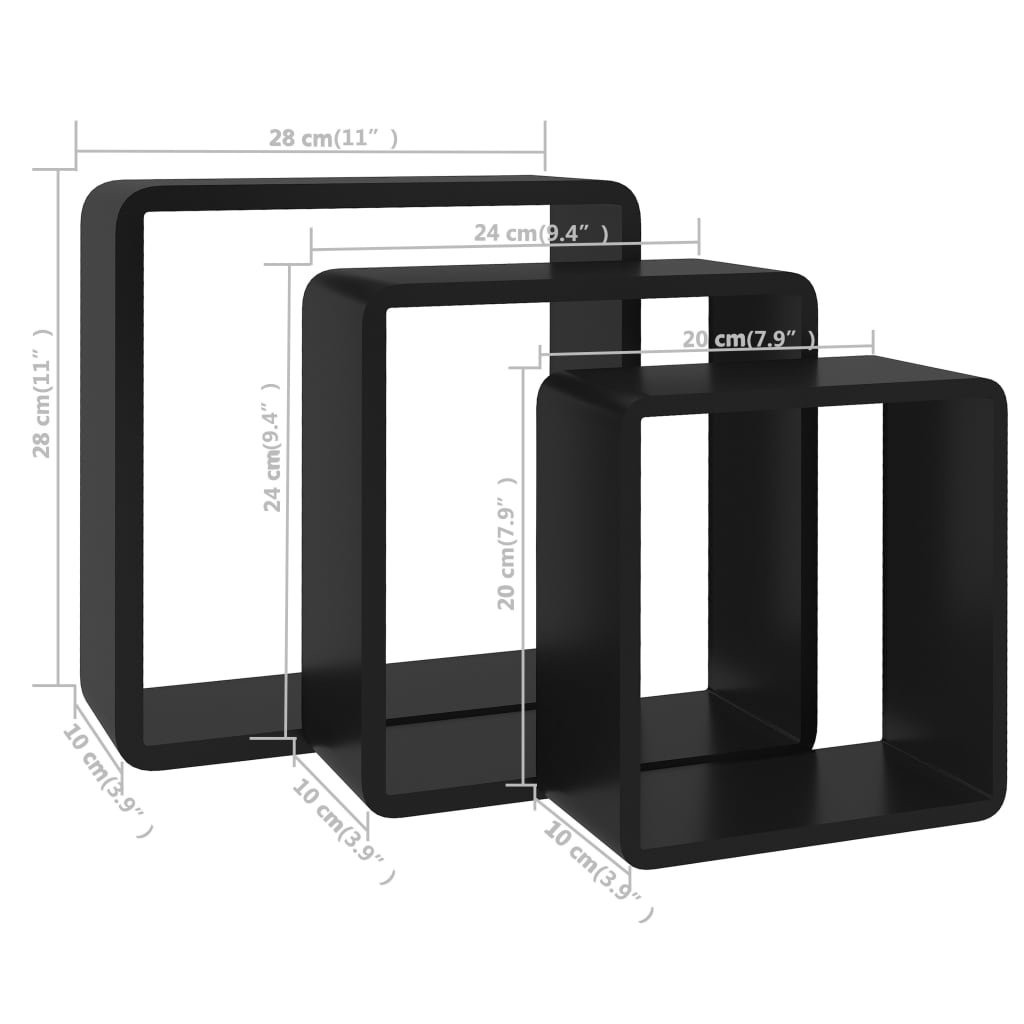 Prateleiras de parede em forma de cubo 3 pcs MDF preto