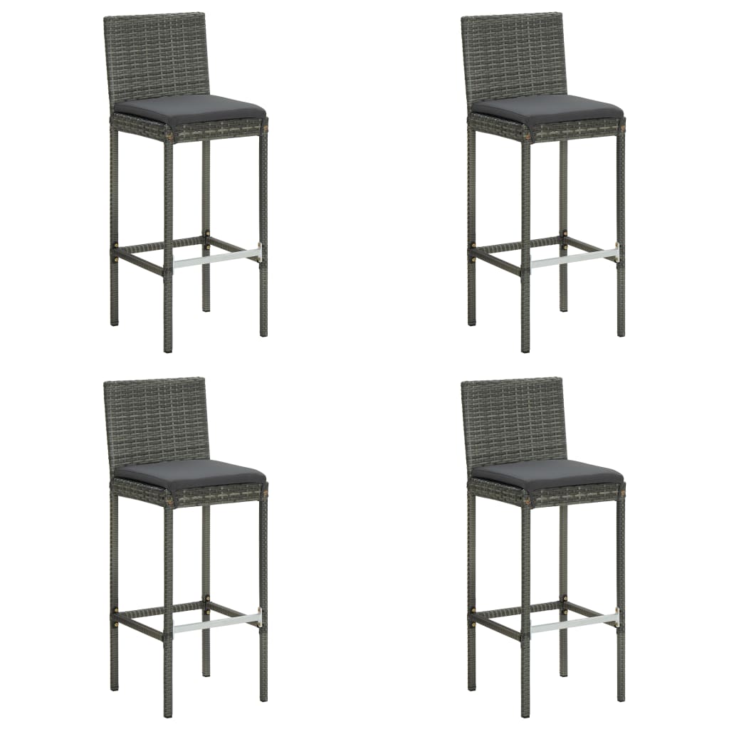 Bancos de bar p/ jardim com almofadões 4 pcs vime PE cinzento