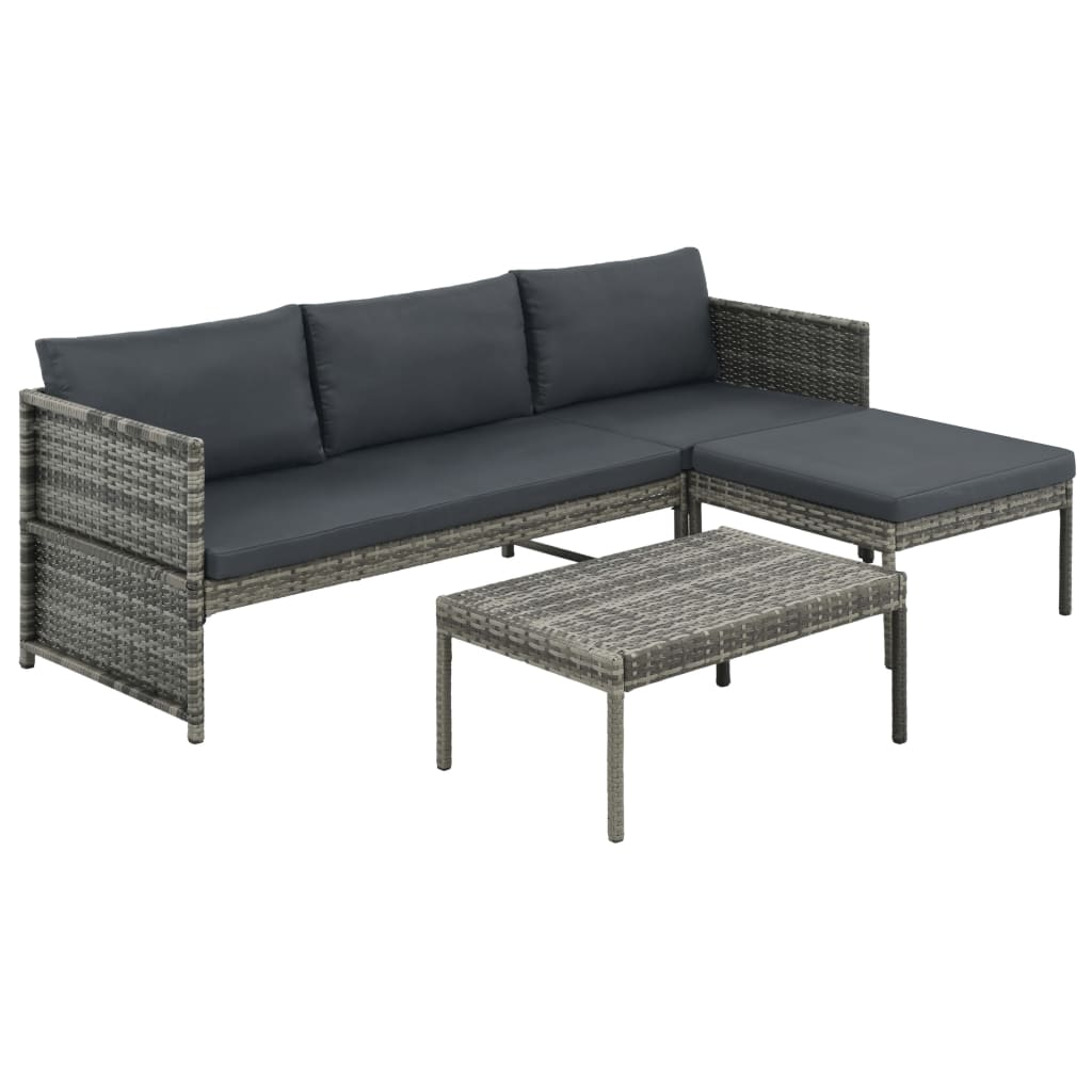 3 pcs conjunto lounge de jardim c/ almofadões vime PE cinzento