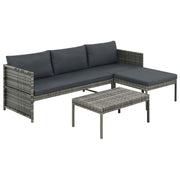 3 pcs conjunto lounge de jardim c/ almofadões vime PE cinzento