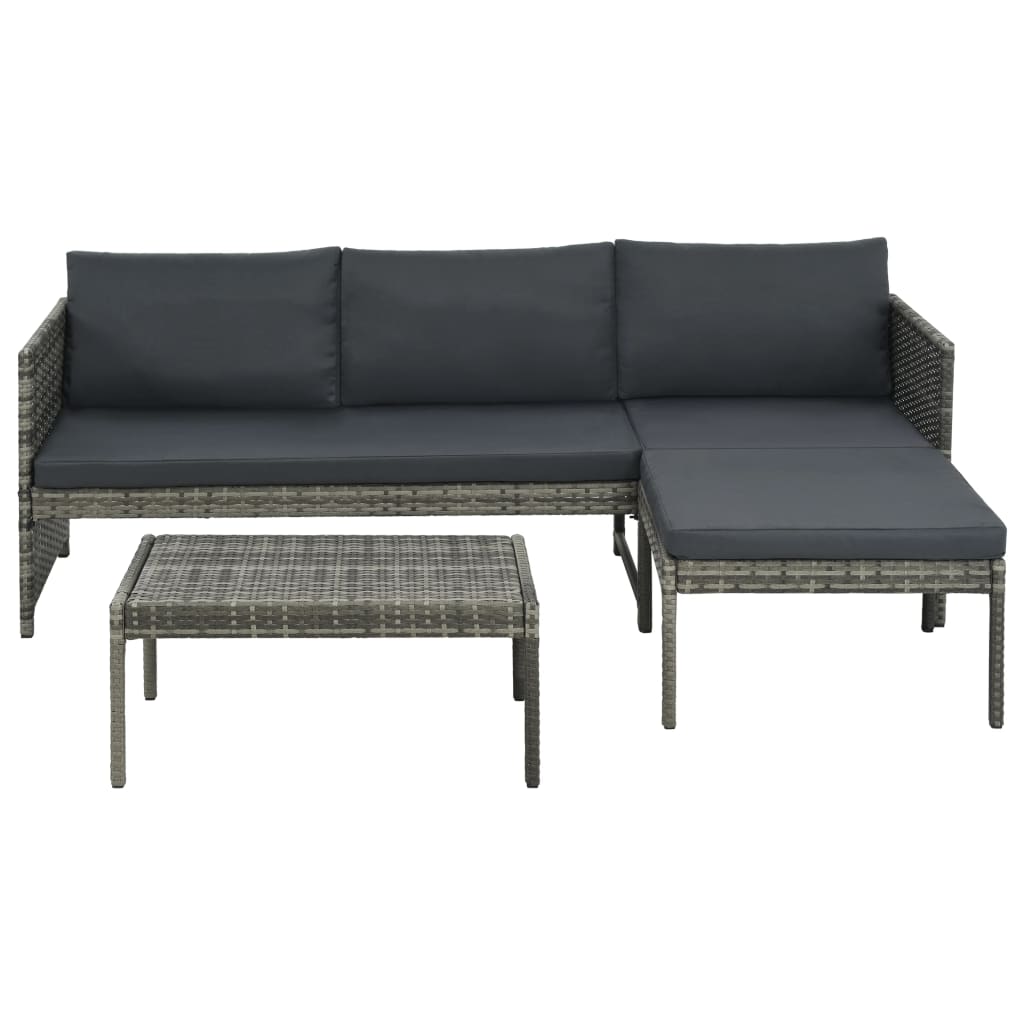 3 pcs conjunto lounge de jardim c/ almofadões vime PE cinzento