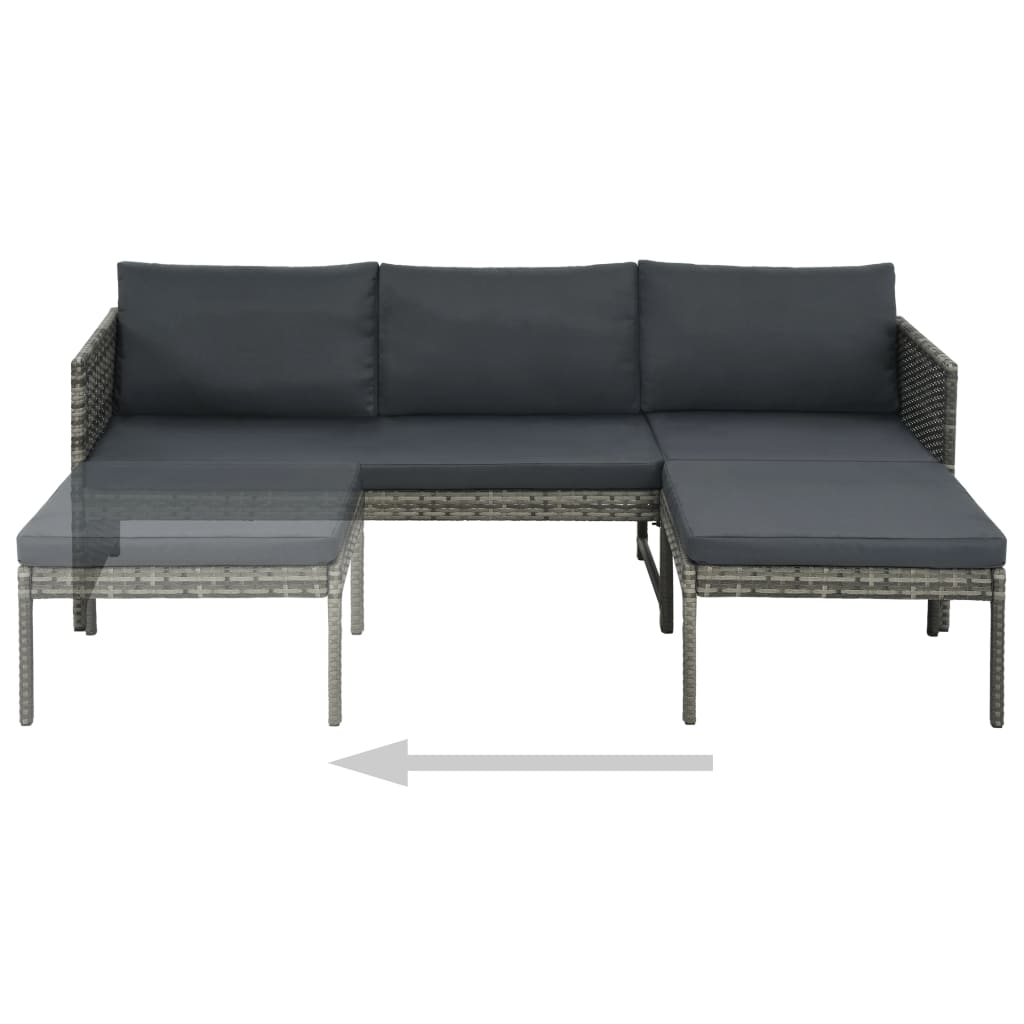 3 pcs conjunto lounge de jardim c/ almofadões vime PE cinzento