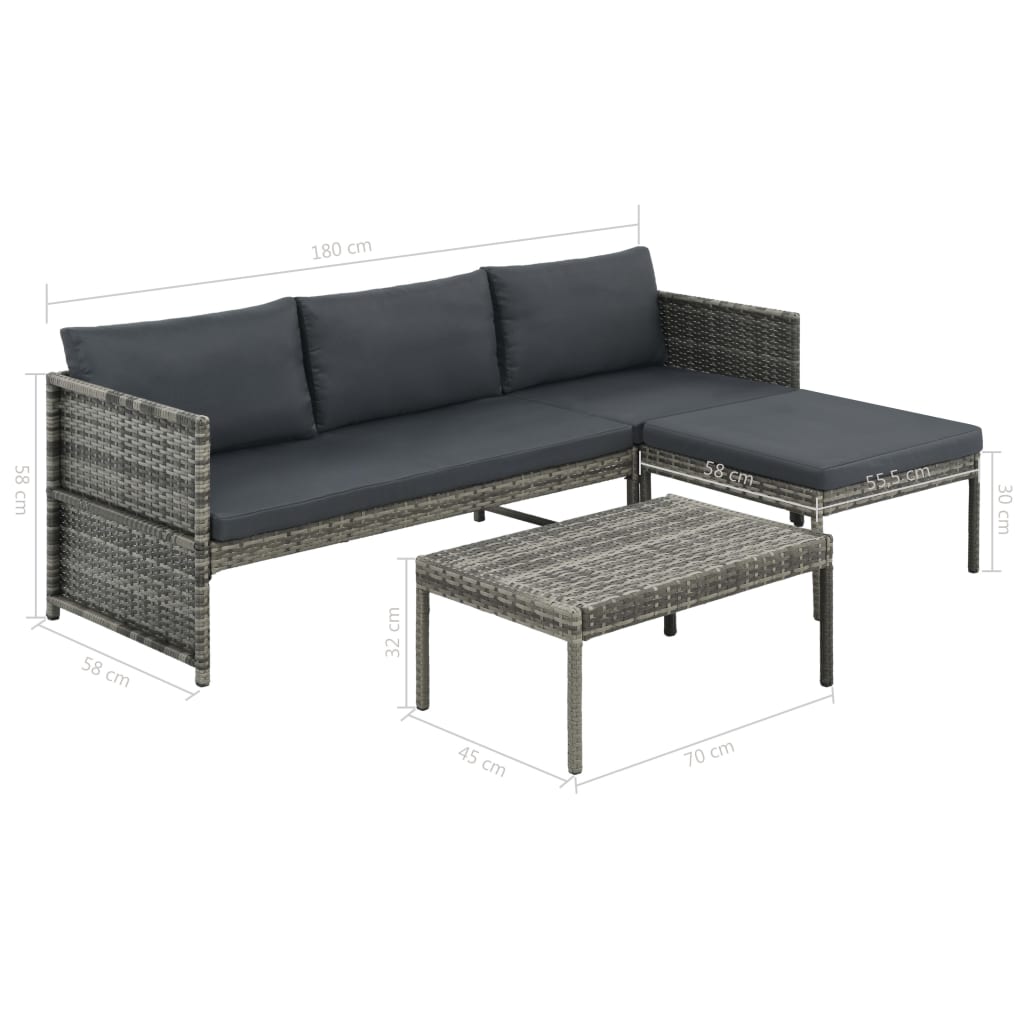 3 pcs conjunto lounge de jardim c/ almofadões vime PE cinzento