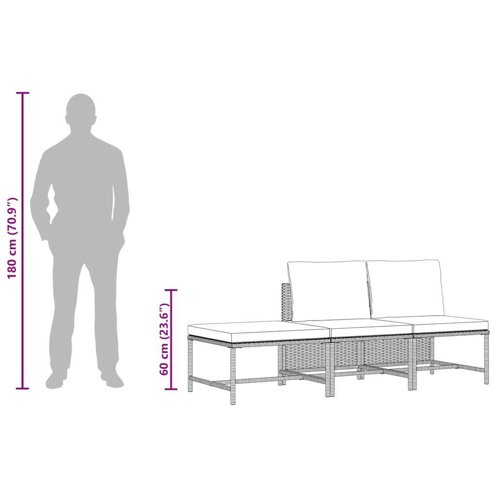 3 pcs conjunto sofás de jardim c/ almofadões vime PE cinzento