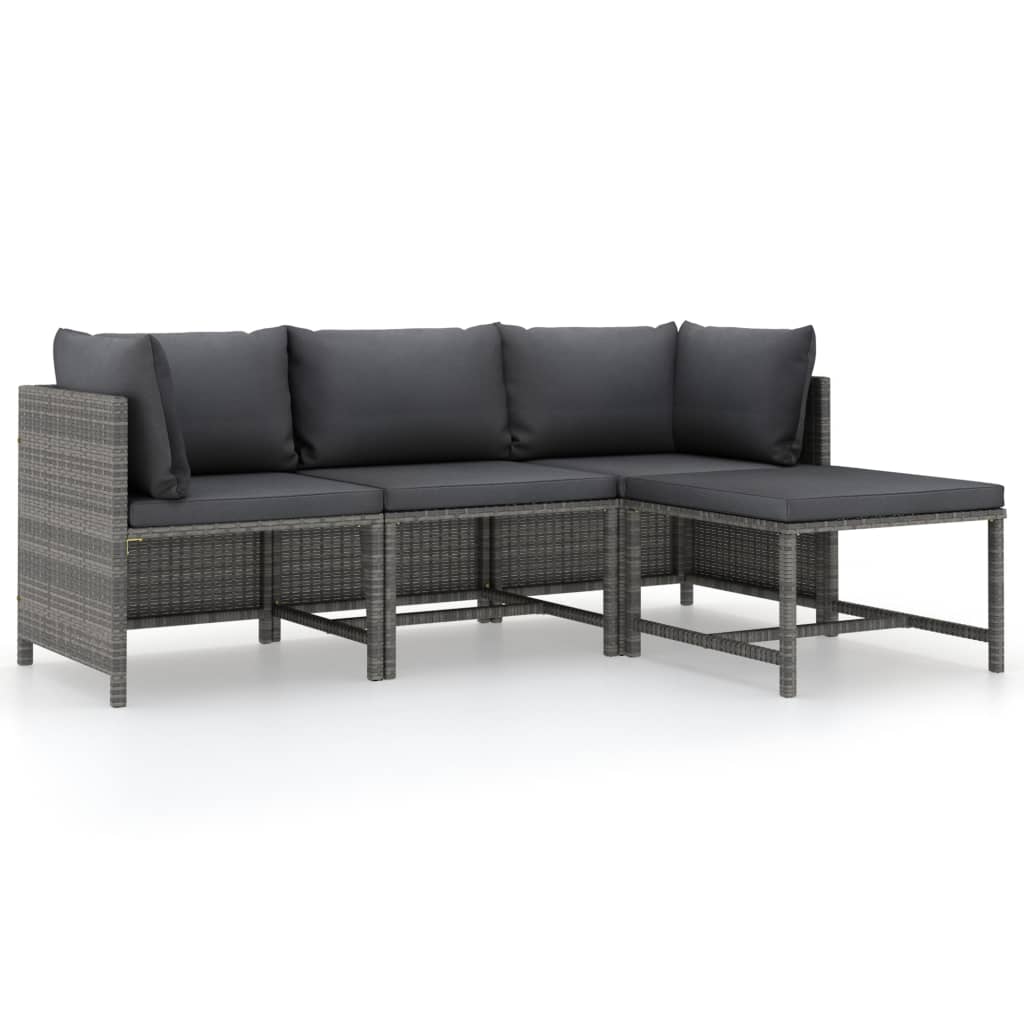 4 pcs conjunto lounge de jardim c/ almofadões vime PE cinzento