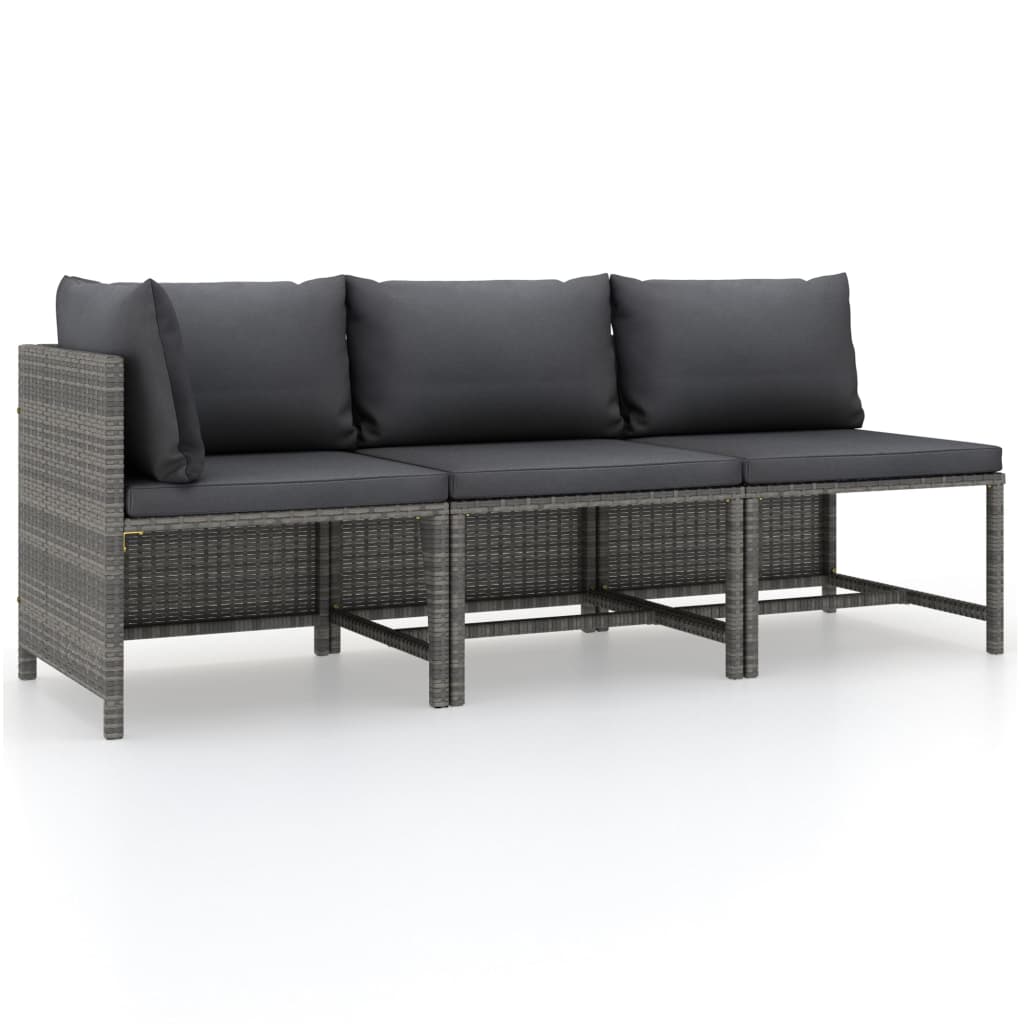 3 pcs conjunto lounge de jardim c/ almofadões vime PE cinzento