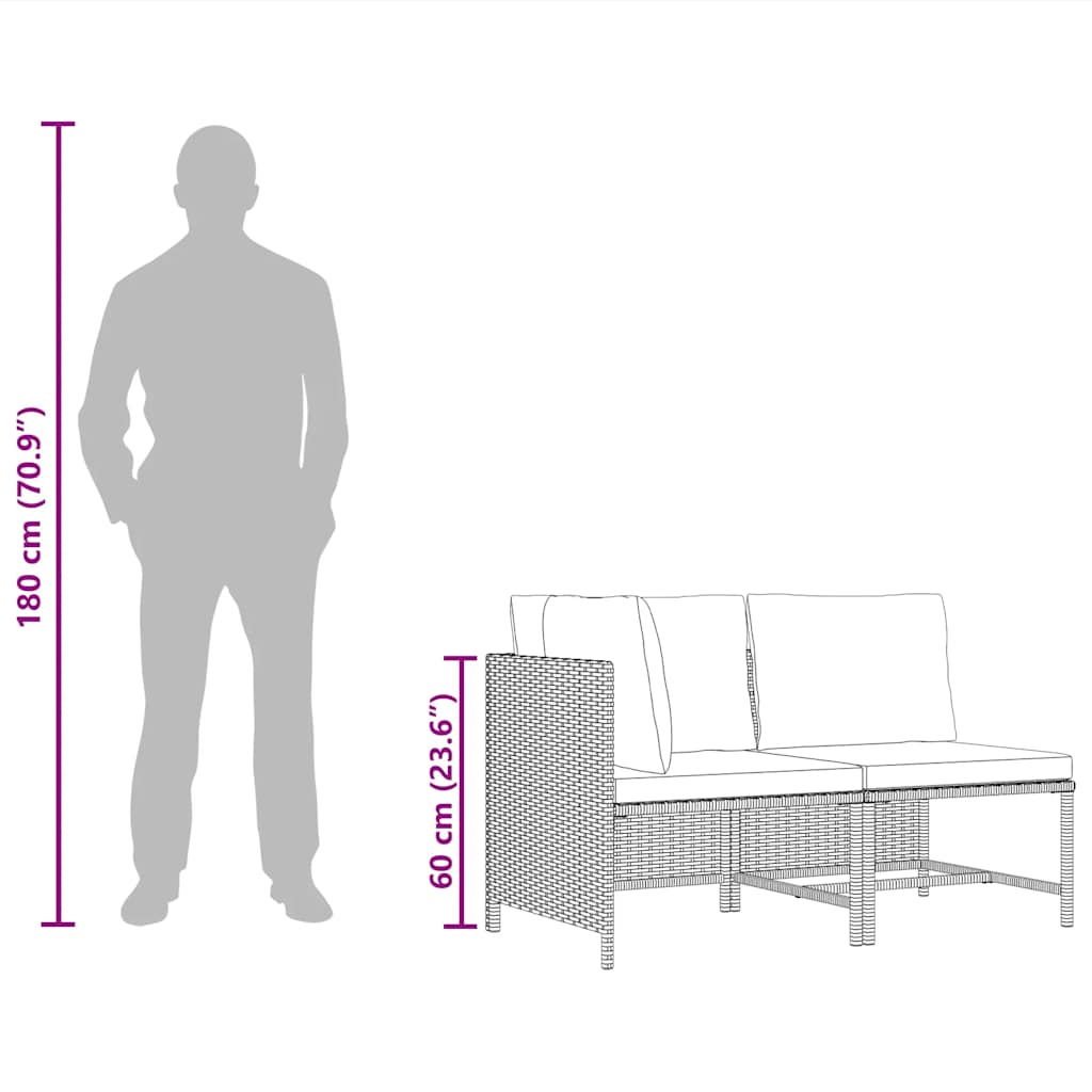 2 pcs conjunto sofás de jardim com almofadões vime PE preto