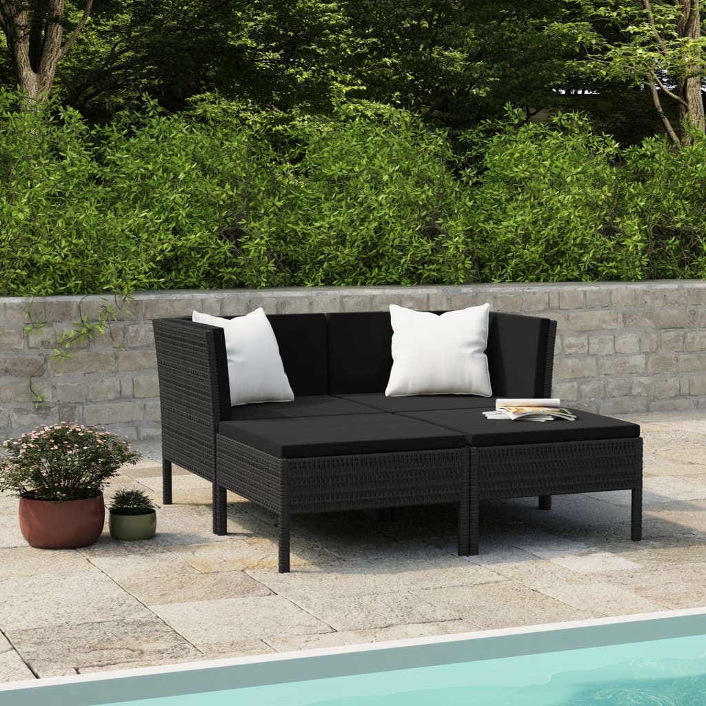 4 pcs conjunto lounge de jardim c/ almofadões vime PE cinzento