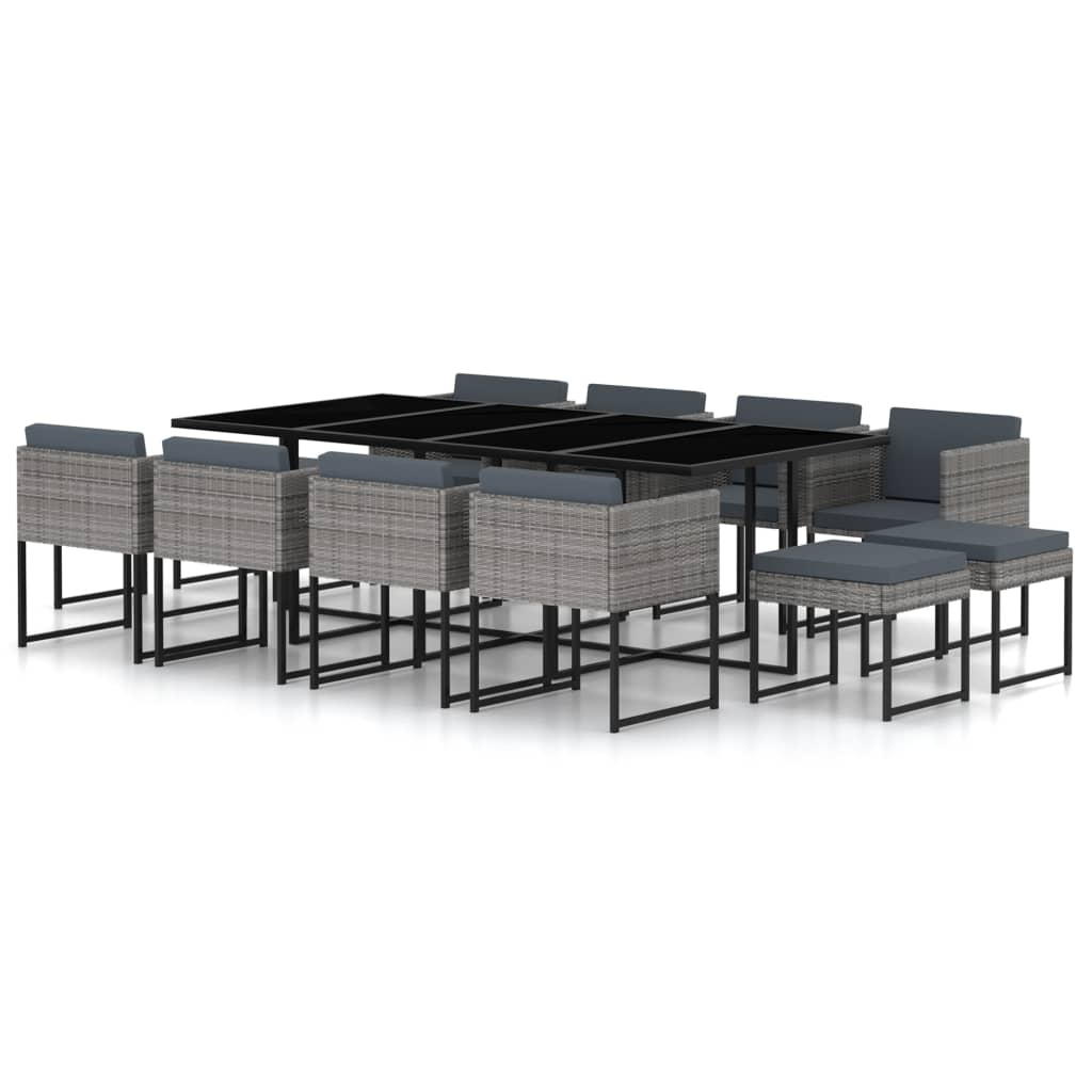 13 pcs conjunto jantar exterior com almofadões vime PE cinzento
