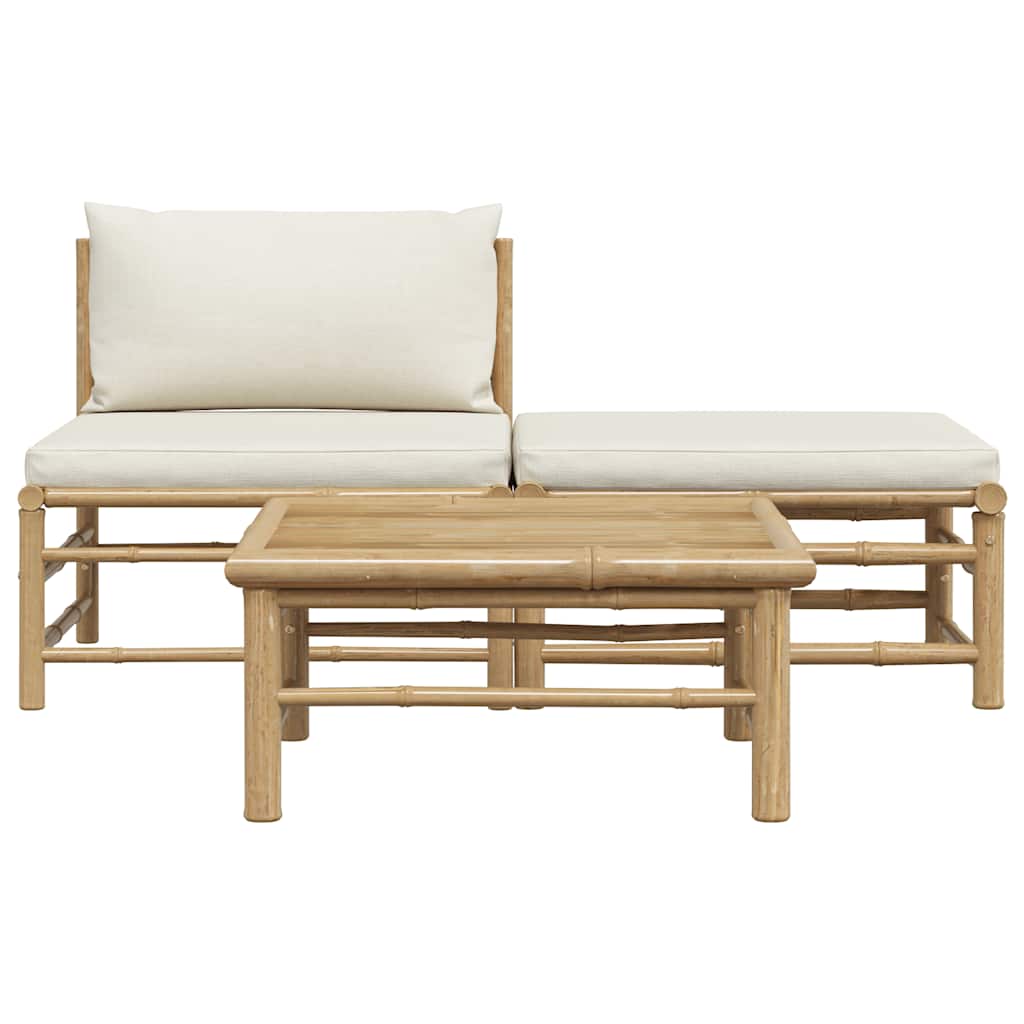 3 pcs conj. lounge p/ jardim em bambu c/ almofadões branco nata