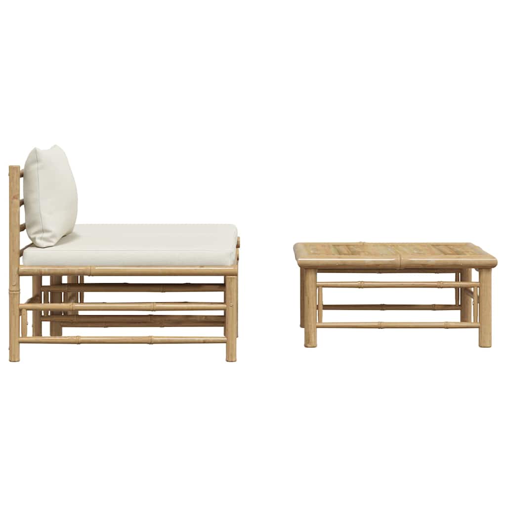 3 pcs conj. lounge p/ jardim em bambu c/ almofadões branco nata
