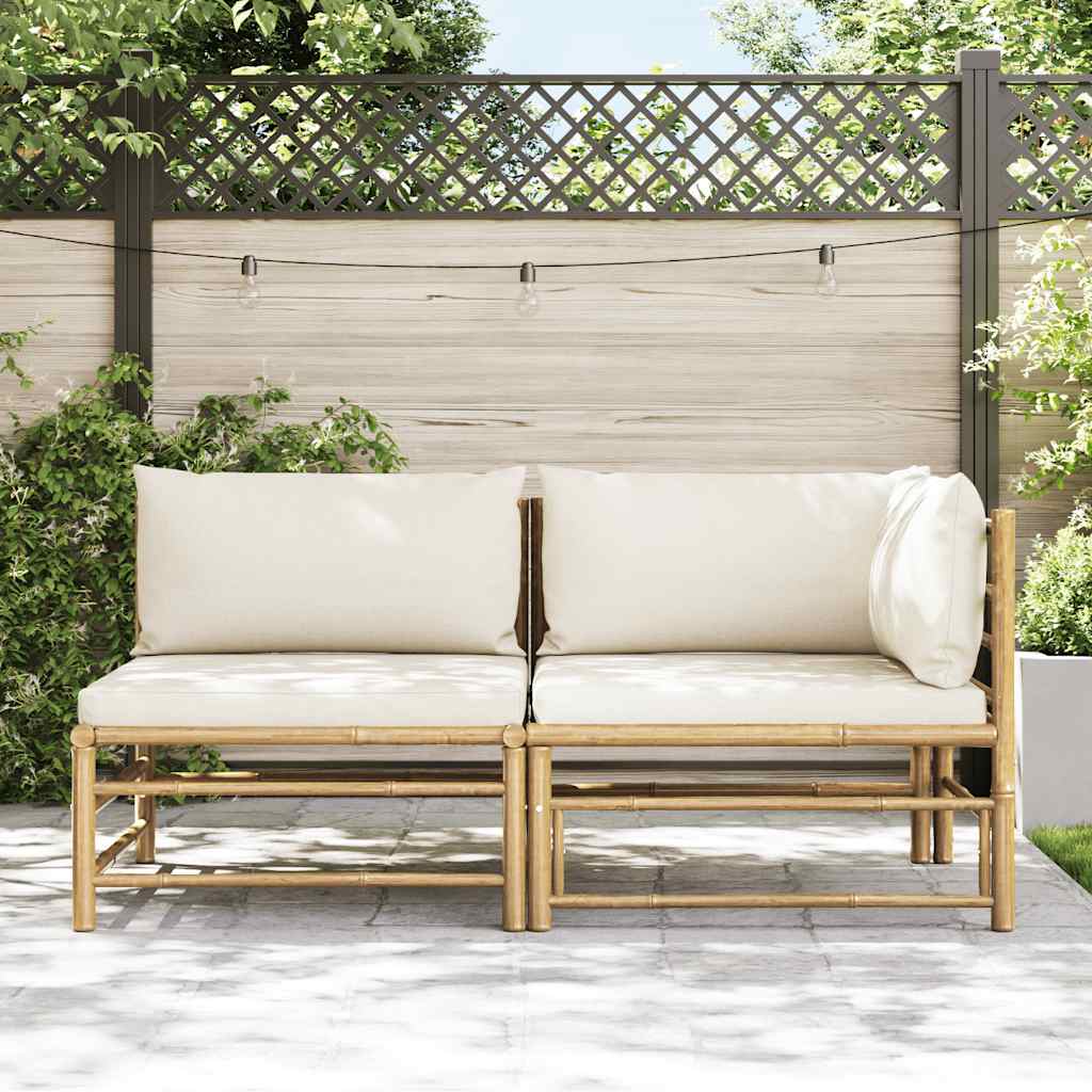 2 pcs conj. lounge p/ jardim em bambu c/ almofadões branco nata