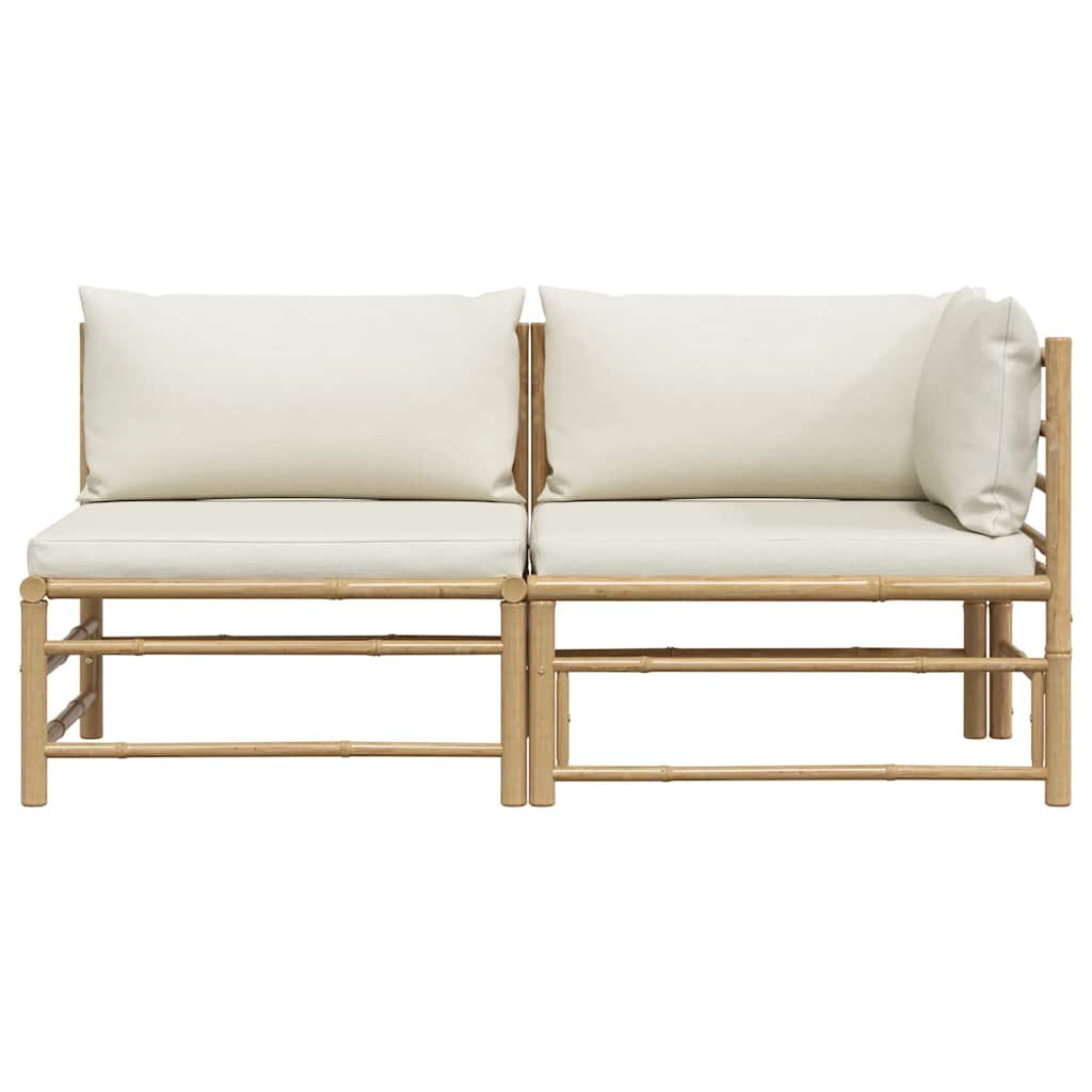 2 pcs conj. lounge p/ jardim em bambu c/ almofadões branco nata